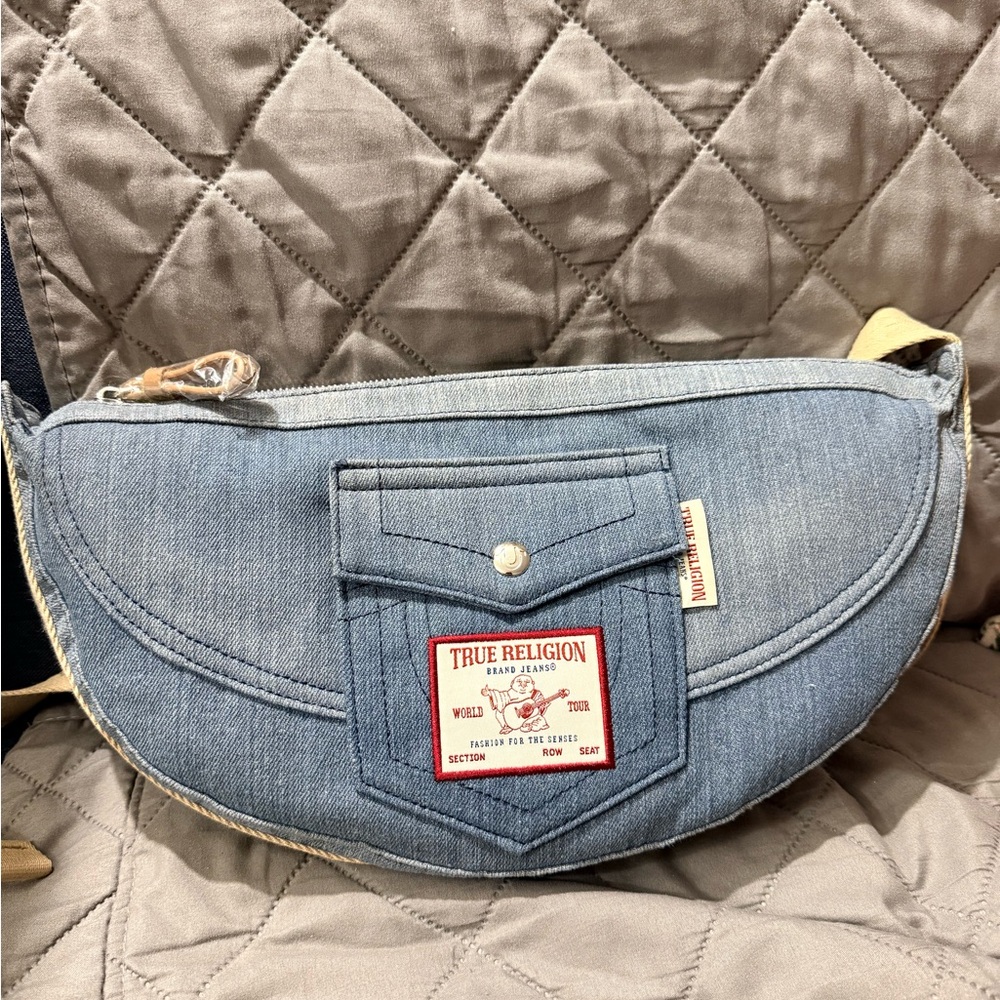 True Religion Denim Crossbody Bag with Tan Accents